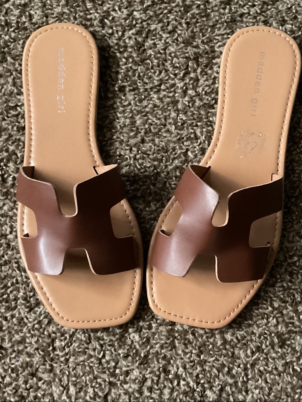 Madden Girl Tan and Brown Cutout Slide Sandals